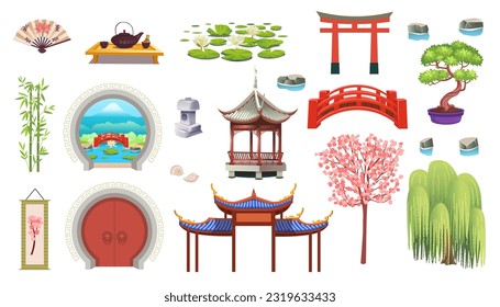 Conjunto japonés de linterna de piedra, sakura, bonsai, puerta abierta redonda, puente de jardín, lirios de agua, ventilador, cenador chino, arco, puerta, flores de cerezo