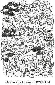 Japanese set  sushi, rolls. Pattern for coloring book.  Ethnic, retro, doodle, vector, tribal design element. Black and white  background. A4 size.