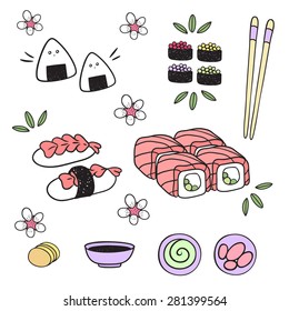 Japanese Set of sushi and rolls. The picture can be used for flyer, menu, etc.