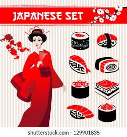 Japanese set: traditional food sushi, geisha and branch of sakura