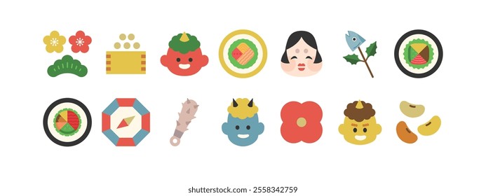 Japanese Setsubun and Traditional Culture Icon Set | Cute Illustrations of Mamemaki, Oni, and Ehomaki