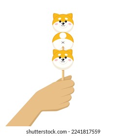 Japanese shiba inu dango sweet rice balls on stick in hand flat detailed style. Isolated vector asian food dessert illustration