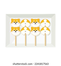Japanese shiba inu dango sweet rice balls on plate in flat detailed style. Isolated vector asian food dessert illustration