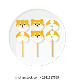 Japanese shiba inu dango sweet rice balls on plate in flat detailed style. Isolated vector asian food dessert illustration