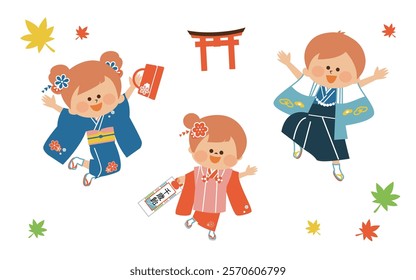 japanese shichigosan, children wearing japanese kimono, cute illustration