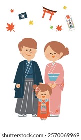 Japanese Shichigosan, family wearing Japanese kimono, cute illustration, "Chitose ame" written in Japanese