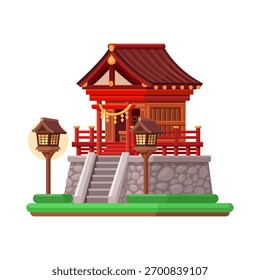 Santuário xintoísta japonês com lanternas. Ilustração tradicional do vetor do templo asiático