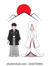Japanese Shinto wedding with bride and groom dress in formal wedding Kimono and Hakama pant background with mountain and sun drawing in cartoon vector