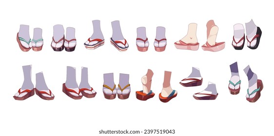 Japanese shoes - geta, zori. Sandles for girl kimono traditional costume. Set of feet in socks. Vector illustration