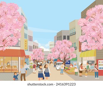 Japanese shopping street in spring. Cherry blossom.