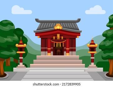 Japanese Shrine Shinto religion prayer building scene cartoon illustration vector