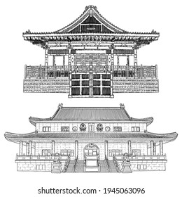 Japanese shrine or temple and Chinese Buddhist monastery. Traditional house of worship. Classic Asian religious buildings and landmarks. Cultural and spiritual architecture. Vector.