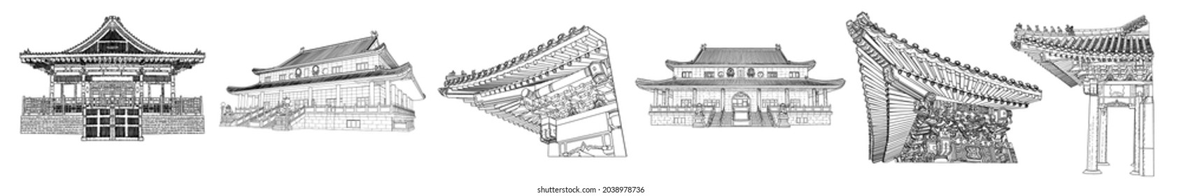 Japanese shrine or temple and Chinese Buddhist monastery. Traditional house of worship. Classic Asian religious buildings and landmarks. Cultural and spiritual architecture. Vector.