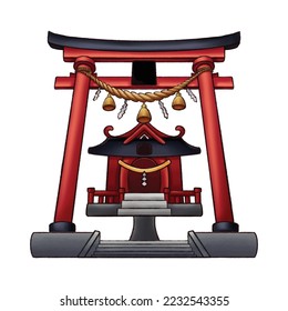 Japanese Shrine and torii red gate. Japanese traditional culture. Shintoism. Religious symbols. World iconic element in Japanese culture. Holiday vacation wall decor poster print concept.