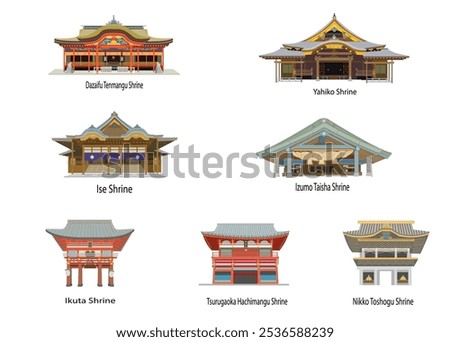 Japanese shrines vector illustration. Ise, Izumo, Ikuta and others.