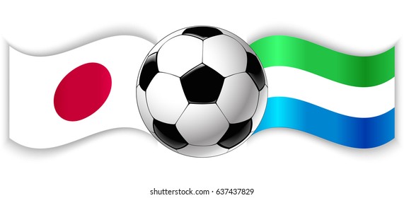 Japanese and Sierra Leonean wavy flags with football ball. Japan combined with Sierra Leone isolated on white. Football match or international sport competition concept.