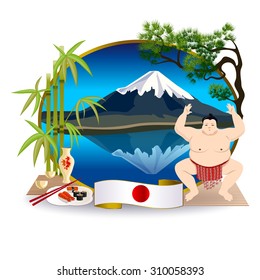Japanese sightseeing: Mount Fuji. To the right of the oval frames are branches of bamboo and sushi, Japanese food is a national, to the left - a sumo wrestler.