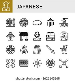 japanese simple icons set. Contains such icons as Geisha, Sushi roll, Thai food, Cloud gate, Wind chimes, Noodles, Shinto, Sumo, Dumpling, can be used for web, mobile and logo