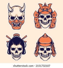 japanese skeleton army vector set 