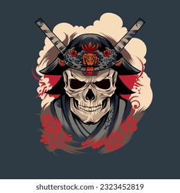 Japanese skull and flowers artwork illustration