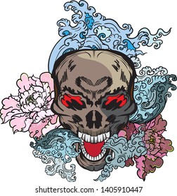 Japanese skull with peony,water wave tattoo. Japanese traditional tattoo design.hand drawn skull mask with peony blossom