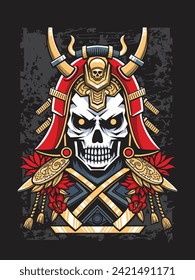 Japanese Skull Samurai with Samurai Helmet in Gothic Style Illustration