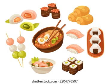 Japanese snacks and desserts vector illustrations set. Cartoon drawings of rice balls, dango, ramen, sushi with fish, wagashi or sweet snacks, mochi isolated on white background. Japanese food concept