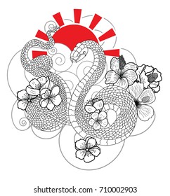 Japanese snake with cherry blossom and hibiscus flower tattoo.Traditional Japanese culture for printing on background.Snake with Sunrise for coloring book on background.