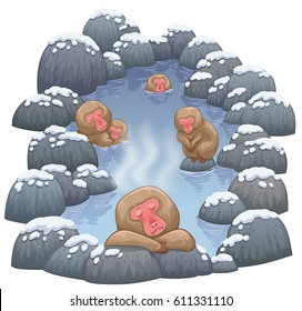 japanese snow monkey relaxing in onsen hot springs vector illustration