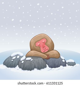 japanese snow monkey relaxing in onsen hot springs vector illustration