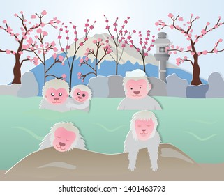 Japanese snow monkeys soaked in hot spring,paper art style.