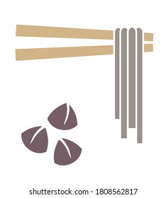 Japanese soba noodle with chopstick and buckwheat color vector illustration