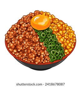 Japanese soboro donburi beef menu illustration vector. Japanese food ginger ground beef bowl isolated. Soboro don pork with egg. Japanese minced pork rice bowl. Korean ground beef and rice bowl