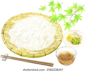 Japanese somen noodles with blue maples painted in watercolor