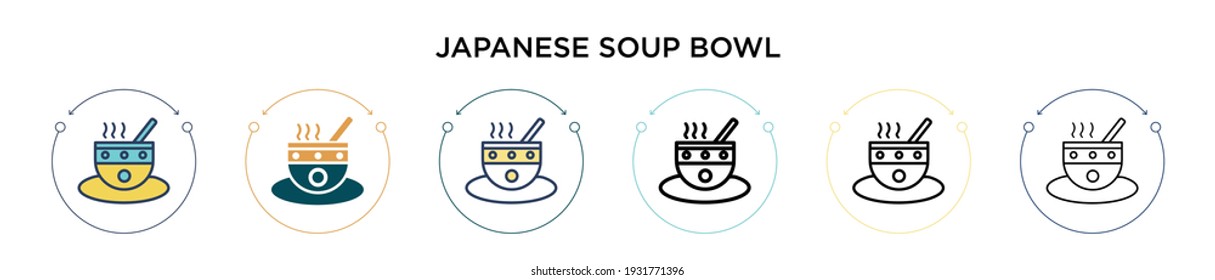 Japanese soup bowl icon in filled, thin line, outline and stroke style. Vector illustration of two colored and black japanese soup bowl vector icons designs can be used for mobile, ui, web