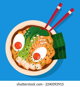 Japanese soup ramen with noodles, greens, eggs, tofu, nori sheets, mushrooms and chopsticks on blue background