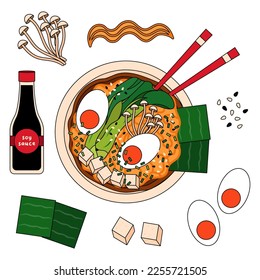 Japanese soup ramen recipe with ingredients - noodles, greens, eggs, tofu, nori sheets, mushrooms and soy sauce.