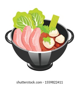 Japanese soup with sliced pork color icon. Tofu ma po. Asian dish in bowl. Eastern traditional cuisine. Spicy tofu with meat chops. Chinese food with beaf and vegetables. Isolated vector illustration