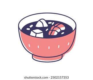 Japanese soup with soy broth, tofu and shrimp. Japan Asian dish, food in bowl. Traditional Asia seafood eating, oriental cuisine. Healthy meal. Flat vector illustration isolated on white background