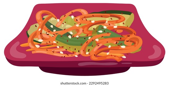 Ensalada de especias japonesa en plato rojo con zanahoria, pepinos marinados, sésamo y pimienta. Ilustración vectorial dibujada a mano. Adecuado para sitios web, pegatinas, tarjetas de regalo.