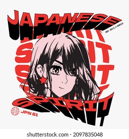 Japanese spirit text slogan print vector design with anime girl illustration for tee and poster