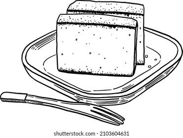 Japanese Sponge cake Castella sweet Cafe menu Hand drawn line art illustration