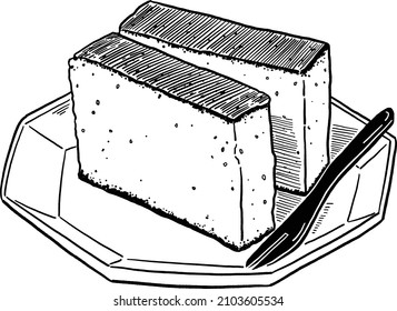 Japanese Sponge cake Castella sweet Cafe menu Hand drawn line art illustration