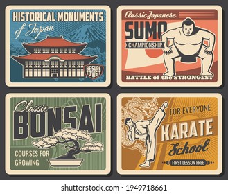 Japanese sports, religion and traditions retro banners. Sumo wrestlers championship, karate fighters school and bonsai tree growing courses, japan temple, Mount Fuji touristic landmark vintage posters