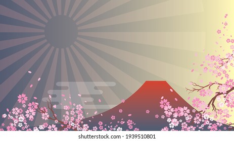 Japanese spring cherry blossoms and Mt. Fuji background illustration