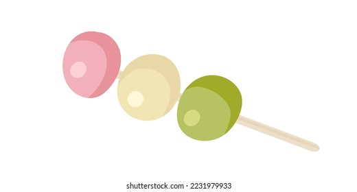 Japanischer Frühling Dango. Dreifarbige Klammern drohen. Traditioneller japanischer Nachtisch. Sanshoku Dango. Flaches Vektorgrafik mit gesundem Süßer Imbiss. Ball von Reis. Banner, Poster, Speisekarte