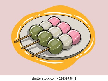 Japanese Spring Dango. Three-color dumplings dangos. Traditional Japanese dessert. Hand drawn hanami Dango. 