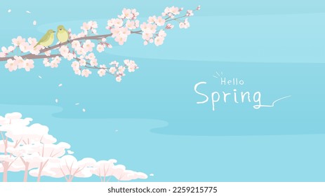 Japanese spring landscape. Vector illustration of pink cherry blossom tree and cute little birds.