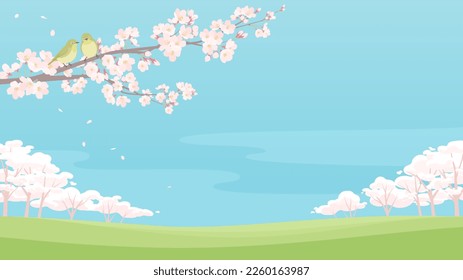 Japanese spring landscape. Vector illustration of pink cherry blossom tree and cute little birds.