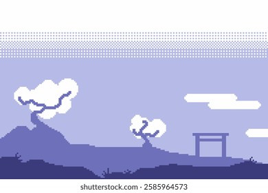 Japanese Spring Mountain Panorama View in Blue Tone, Pixel Art Style Illustration